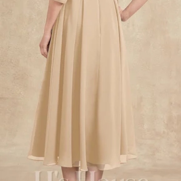 A line V Neck Tea-Length Chiffon Lace Dress With Beading Size 12 Champagne - Picture 9 of 9